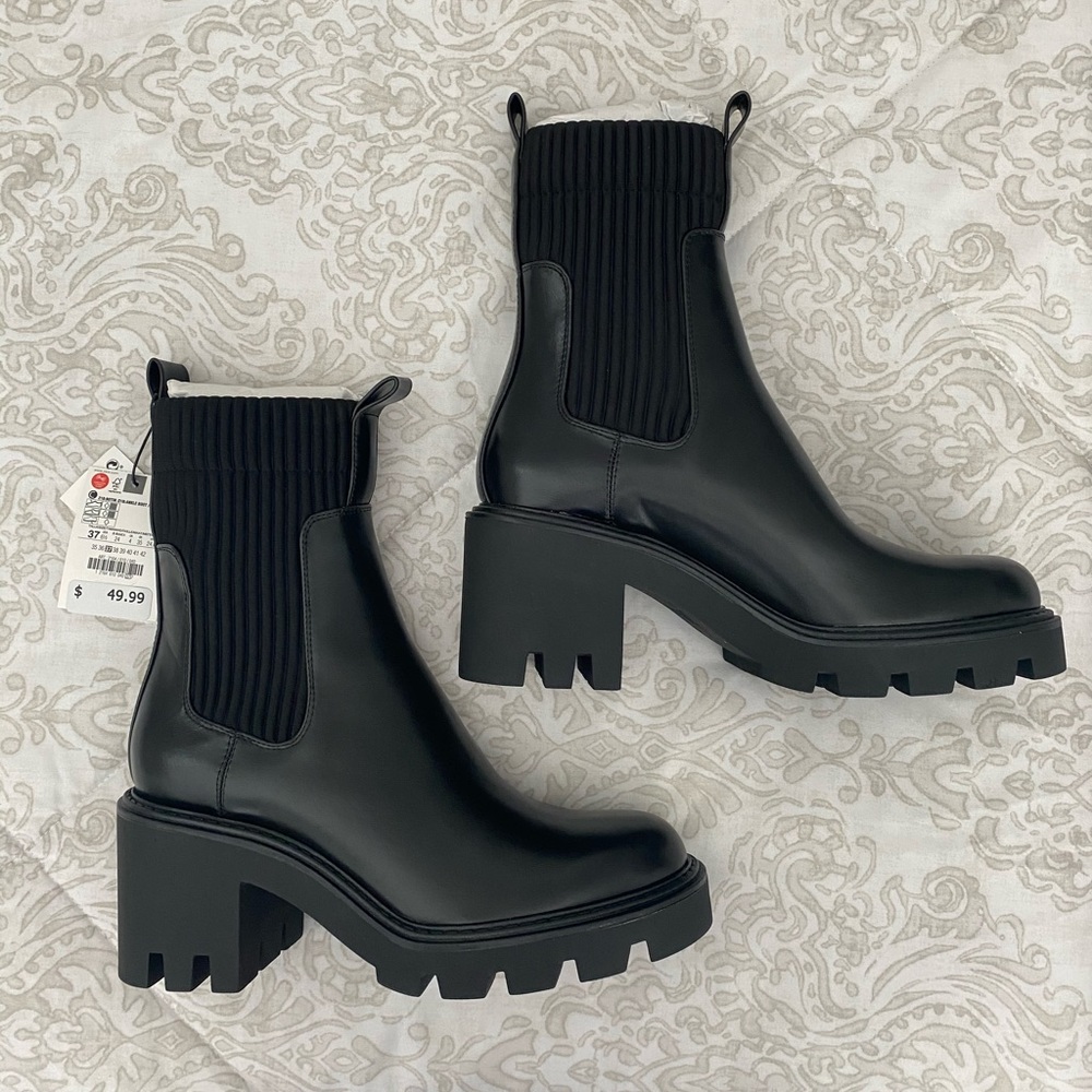 ZARA SOCK STYLE HEELED ANKLE BOOTS WITH LUG SOLES